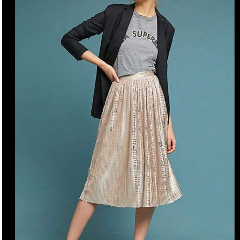 Sabina Musayev Metallic Champagne Gold Pleated Midi Skirt Size 4 Grid Pattern